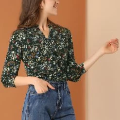Allegra K Button Down Stand Collar V Neck Long Sleeve Floral Blouse Women 77 Allegra K Button Down Stand Collar V Neck Long Sleeve Floral Blouse Women