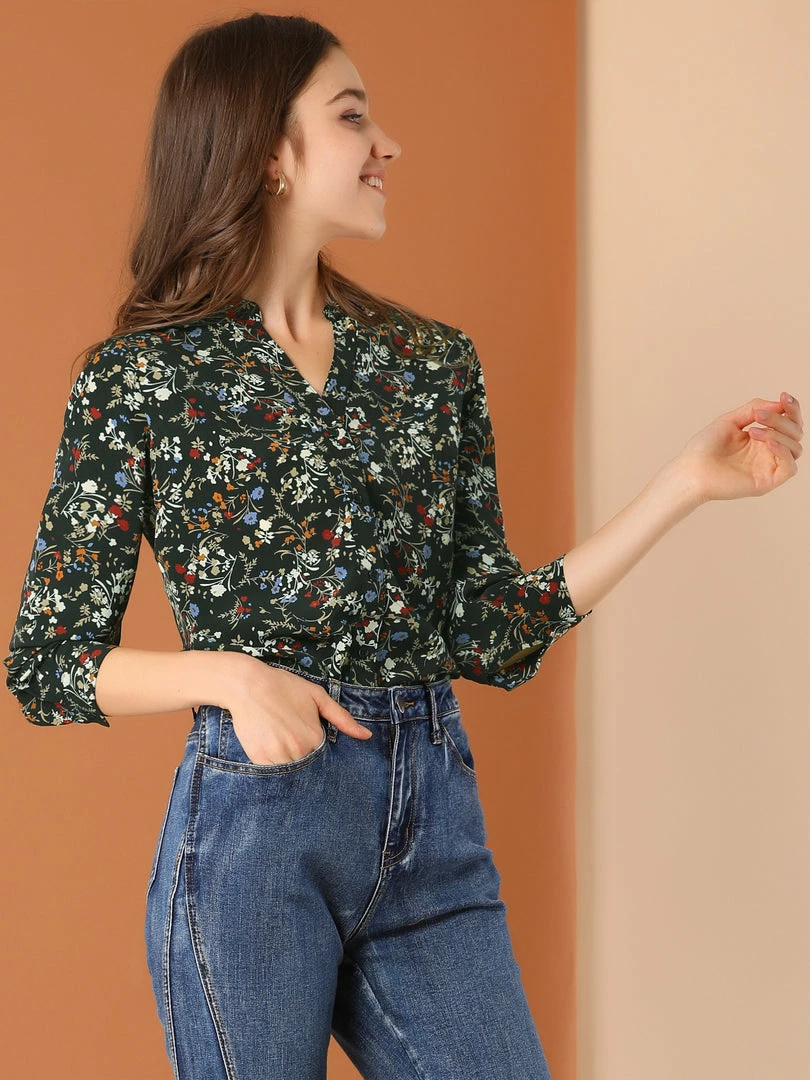 Allegra K Button Down Stand Collar V Neck Long Sleeve Floral Blouse Women 29 Allegra K Button Down Stand Collar V Neck Long Sleeve Floral Blouse Women
