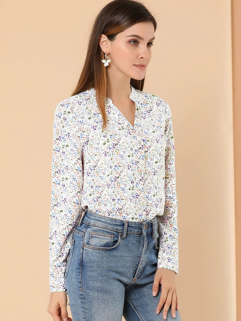 Allegra K Button Down Stand Collar V Neck Long Sleeve Floral Blouse Women 23 Allegra K Button Down Stand Collar V Neck Long Sleeve Floral Blouse Women
