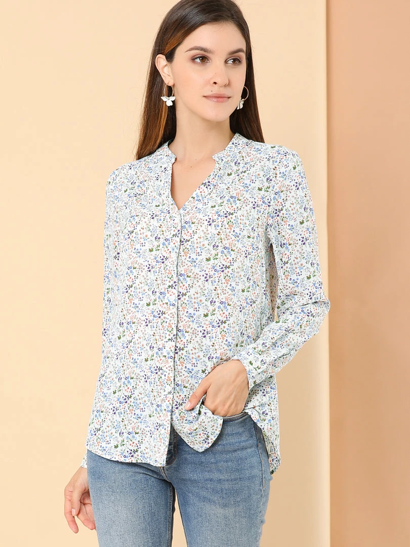 Allegra K Button Down Stand Collar V Neck Long Sleeve Floral Blouse Women 24 Allegra K Button Down Stand Collar V Neck Long Sleeve Floral Blouse Women