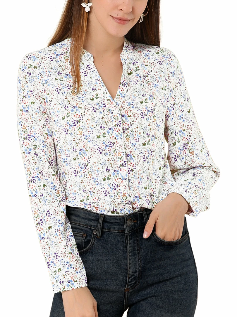 Allegra K Button Down Stand Collar V Neck Long Sleeve Floral Blouse Women 22 Allegra K Button Down Stand Collar V Neck Long Sleeve Floral Blouse Women