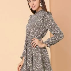 Allegra K Women's Ruffle Stand Collar Belted Floral Keyhole Back Half Lined Elastic Waist Dress