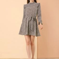 Allegra K Women's Ruffle Stand Collar Belted Floral Keyhole Back Half Lined Elastic Waist Dress