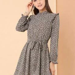 Allegra K Women's Ruffle Stand Collar Belted Floral Keyhole Back Half Lined Elastic Waist Dress