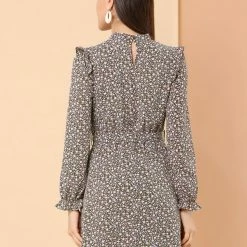 Allegra K Women's Ruffle Stand Collar Belted Floral Keyhole Back Half Lined Elastic Waist Dress