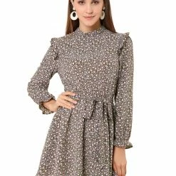 Allegra K Women's Ruffle Stand Collar Belted Floral Keyhole Back Half Lined Elastic Waist Dress