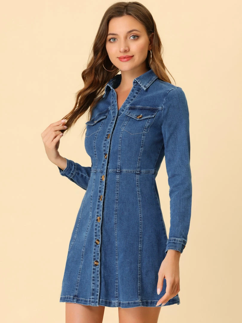 Allegra K Women's Denim Button Down Collar V-Neck Roll Up Sleeve Shirt Dress 25 Allegra K Women's Denim Button Down Collar V-Neck Roll Up Sleeve Shirt Dress