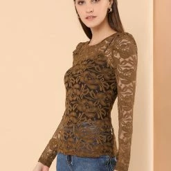 Allegra K Women's Lace Embroidery Semi Sheer Vintage Puff Sleeve Top
