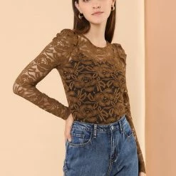Allegra K Women's Lace Embroidery Semi Sheer Vintage Puff Sleeve Top