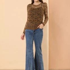 Allegra K Women's Lace Embroidery Semi Sheer Vintage Puff Sleeve Top