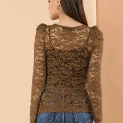 Allegra K Women's Lace Embroidery Semi Sheer Vintage Puff Sleeve Top