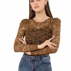 Allegra K Women's Lace Embroidery Semi Sheer Vintage Puff Sleeve Top