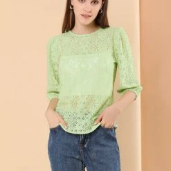 Allegra K Women's 3/4 Lantern Sleeve Semi Sheer Vintage Lace Tops 40 Allegra K Women's 3/4 Lantern Sleeve Semi Sheer Vintage Lace Tops