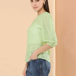 Allegra K Women's 3/4 Lantern Sleeve Semi Sheer Vintage Lace Tops 41 Allegra K Women's 3/4 Lantern Sleeve Semi Sheer Vintage Lace Tops