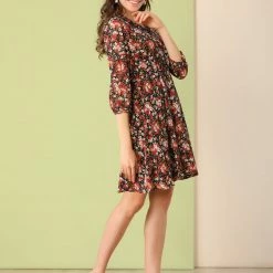 Allegra K Women's Vintage Floral Ruffle V Neck 3/4 Sleeves Dress With Cami Dress