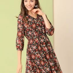 Allegra K Women's Vintage Floral Ruffle V Neck 3/4 Sleeves Dress With Cami Dress