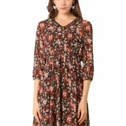 Allegra K Women's Vintage Floral Ruffle V Neck 3/4 Sleeves Dress With Cami Dress
