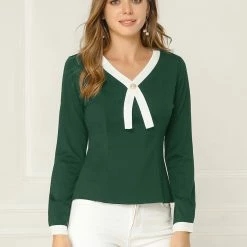 Allegra K Women's Contrast Trim V Neck Long Sleeve Casual Office Blouse Top 29 Allegra K Women's Contrast Trim V Neck Long Sleeve Casual Office Blouse Top