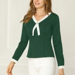 Allegra K Women's Contrast Trim V Neck Long Sleeve Casual Office Blouse Top 31 Allegra K Women's Contrast Trim V Neck Long Sleeve Casual Office Blouse Top