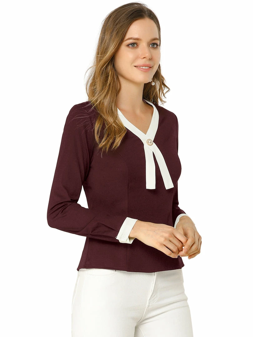 Allegra K Women's Contrast Trim V Neck Long Sleeve Casual Office Blouse Top 5 Allegra K Women's Contrast Trim V Neck Long Sleeve Casual Office Blouse Top