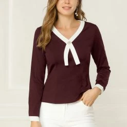 Allegra K Women's Contrast Trim V Neck Long Sleeve Casual Office Blouse Top 24 Allegra K Women's Contrast Trim V Neck Long Sleeve Casual Office Blouse Top
