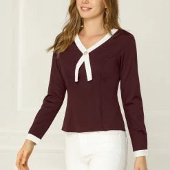 Allegra K Women's Contrast Trim V Neck Long Sleeve Casual Office Blouse Top 25 Allegra K Women's Contrast Trim V Neck Long Sleeve Casual Office Blouse Top
