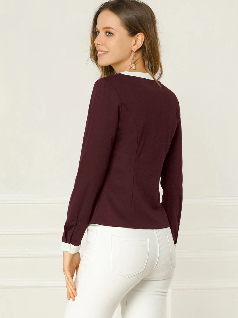 Allegra K Women's Contrast Trim V Neck Long Sleeve Casual Office Blouse Top 8 Allegra K Women's Contrast Trim V Neck Long Sleeve Casual Office Blouse Top