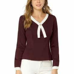 Allegra K Women's Contrast Trim V Neck Long Sleeve Casual Office Blouse Top 22 Allegra K Women's Contrast Trim V Neck Long Sleeve Casual Office Blouse Top