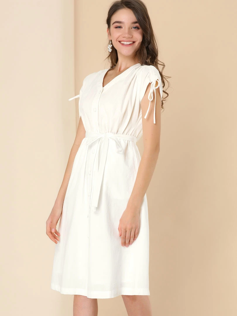 Allegra K Women's Peasant Short Sleeve V Neck Tie Waist Cotton Button Down Shirt Dress 5 Allegra K Women's Peasant Short Sleeve V Neck Tie Waist Cotton Button Down Shirt Dress