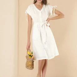 Allegra K Women's Peasant Short Sleeve V Neck Tie Waist Cotton Button Down Shirt Dress 12 Allegra K Women's Peasant Short Sleeve V Neck Tie Waist Cotton Button Down Shirt Dress