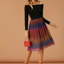 Allegra K Women's Elastic Waist Metallic Shiny Swing Party Midi Skirt 23 Allegra K Women's Elastic Waist Metallic Shiny Swing Party Midi Skirt