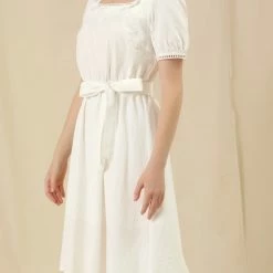 Allegra K Women's Peasant Fit And Flare A-Line Midi Belted Ruffle Neck Dress