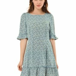 Allegra K Women's Floral Boat Neck Puff Sleeve Fit And Flare Mini Ruffle Dress