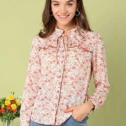 Allegra K Women's Floral Chiffon Blouses Button Down Shirt Ruffle Tie Neck Tops