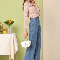 Allegra K Women's Floral Chiffon Blouses Button Down Shirt Ruffle Tie Neck Tops