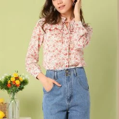 Allegra K Women's Floral Chiffon Blouses Button Down Shirt Ruffle Tie Neck Tops