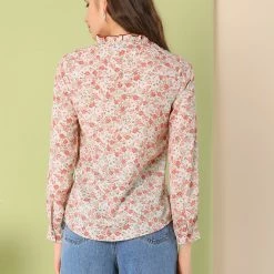 Allegra K Women's Floral Chiffon Blouses Button Down Shirt Ruffle Tie Neck Tops