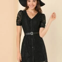 Allegra K Women's Lace Puff Sleeve V Neck Belted Vintage Button Down Dress 21 Allegra K Women's Lace Puff Sleeve V Neck Belted Vintage Button Down Dress