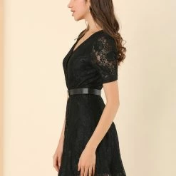 Allegra K Women's Lace Puff Sleeve V Neck Belted Vintage Button Down Dress 22 Allegra K Women's Lace Puff Sleeve V Neck Belted Vintage Button Down Dress