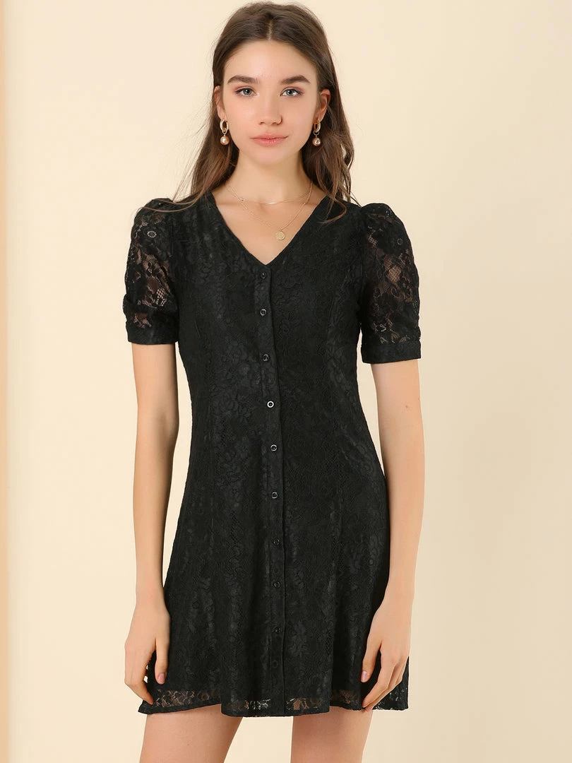 Allegra K Women's Lace Puff Sleeve V Neck Belted Vintage Button Down Dress 13 Allegra K Women's Lace Puff Sleeve V Neck Belted Vintage Button Down Dress