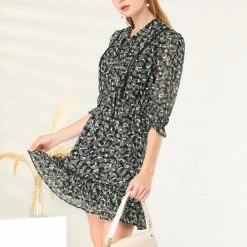 Allegra K Women's Tie Neck Ruffle Hem Ruffle Cuff A-Line Fit And Flare Floral Dress