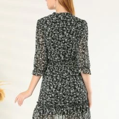 Allegra K Women's Tie Neck Ruffle Hem Ruffle Cuff A-Line Fit And Flare Floral Dress