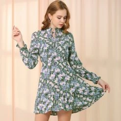 Allegra K Women's Ruffled Collar Long Sleeve Elastic Waist Ruffle Hem Floral Dress