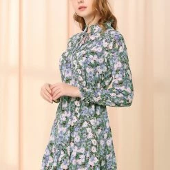 Allegra K Women's Ruffled Collar Long Sleeve Elastic Waist Ruffle Hem Floral Dress