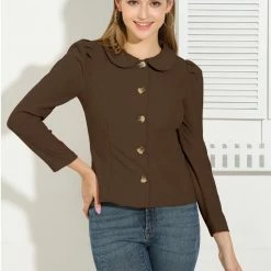 Allegra K Women's Puff Sleeve Peter Pan Collar Solid Casual Jacket