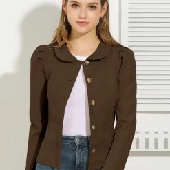 Allegra K Women's Puff Sleeve Peter Pan Collar Solid Casual Jacket
