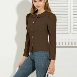 Allegra K Women's Puff Sleeve Peter Pan Collar Solid Casual Jacket