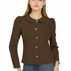 Allegra K Women's Puff Sleeve Peter Pan Collar Solid Casual Jacket