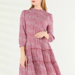 Allegra K Women's Ruffle Neck 3/4 Sleeve A-Line Vintage Floral Tiered Dress