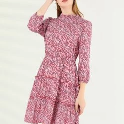 Allegra K Women's Ruffle Neck 3/4 Sleeve A-Line Vintage Floral Tiered Dress